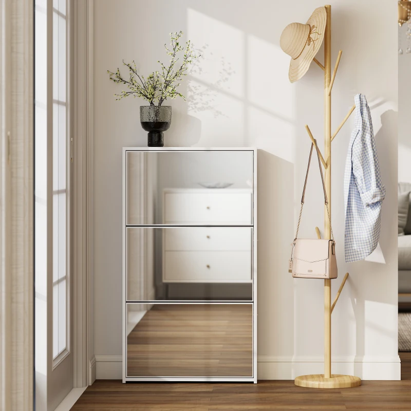 HOMCOM Zapatero Entrada Recibidor con 3 Puertas con Espejo Zapatero Estrecho para 9 Pares de Zapatos 65x17x114,5 cm Blanco