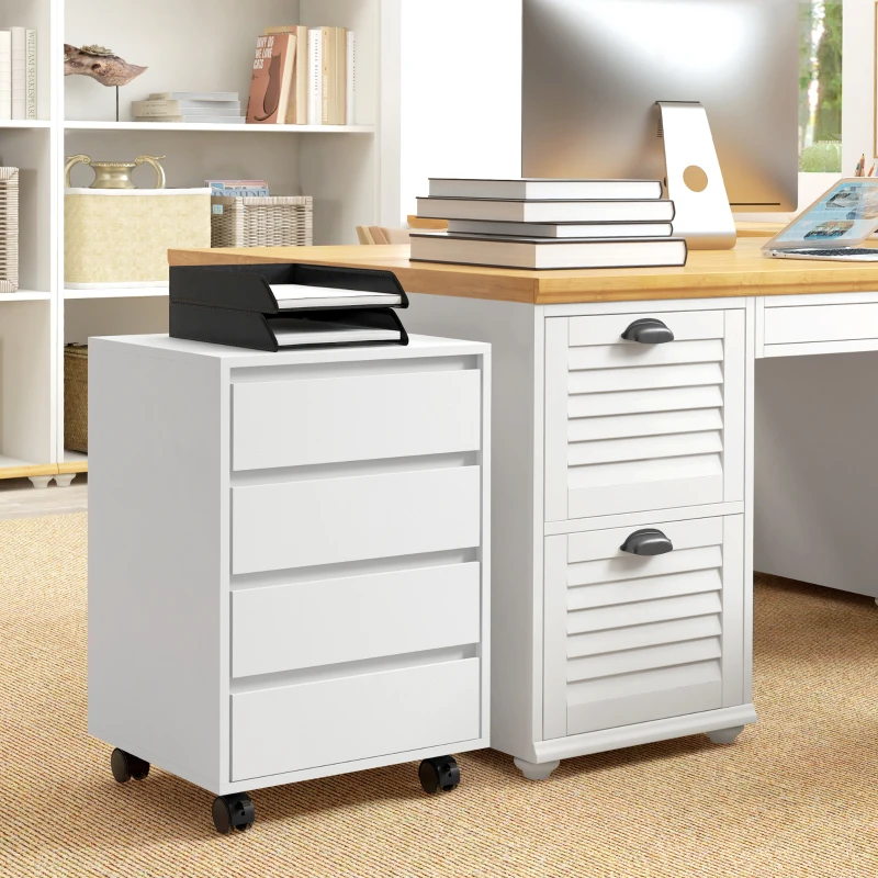 HOMCOM Cassettiera da Ufficio con 4 Cassetti e Ruote con Freno in Legno MDF, 46x40x65 cm, Bianco