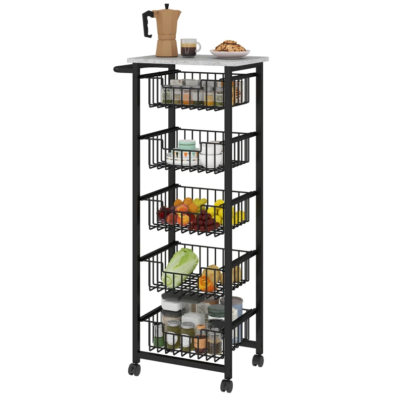 HOMCOM Five Basket Mobile Kitchen Island, with Brakes - Grey/Black