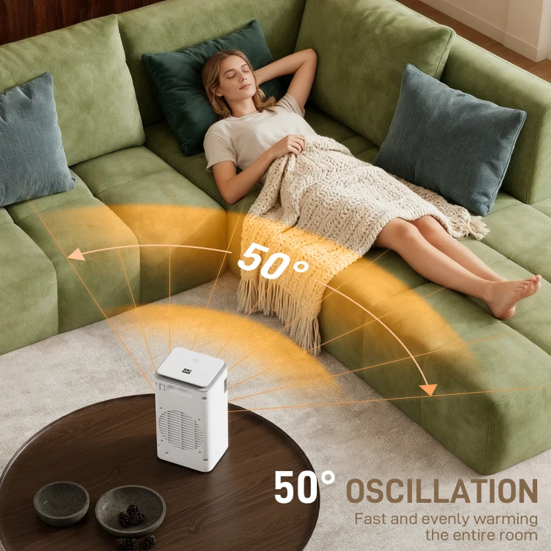 HOMCOM Ceramic Electric Heater, 1500W Fan Space Heater with 3 Modes, 24H Timer, Flame Effect, Oscillation for Bedroom, White