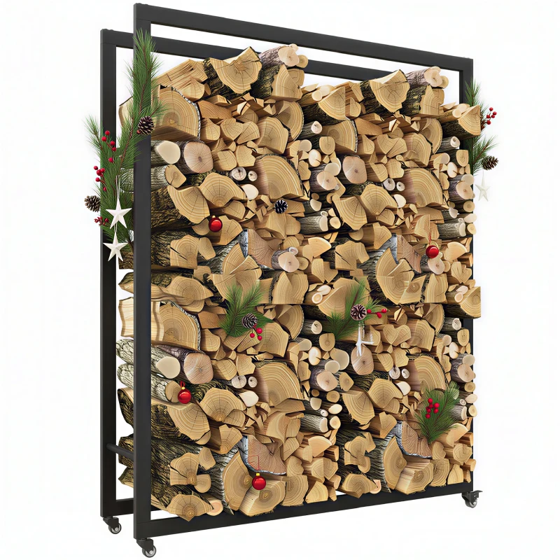 Outsunny Range-bûches porte-bûches avec 4 roues pour intérieur extérieur charge max. 150 kg 120l x 32P x 151H cm métal noir