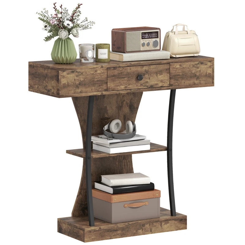 HOMCOM Console Table, 3-Tier Industrial Hallway Table with Drawer, Storage Shelves, 91 x 32 x 87 cm, Rustic Brown