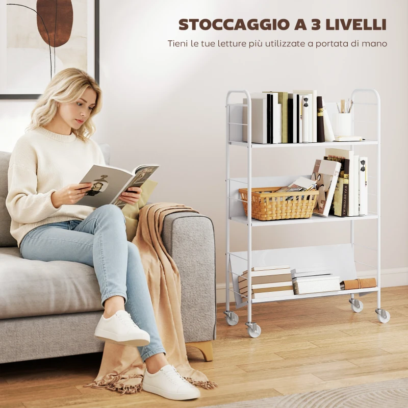 HOMCOM Carrello Portalibri Moderno a 3 Livelli con Ruote Girevoli per Libri e Riviste, 69x26x108 cm, Bianco