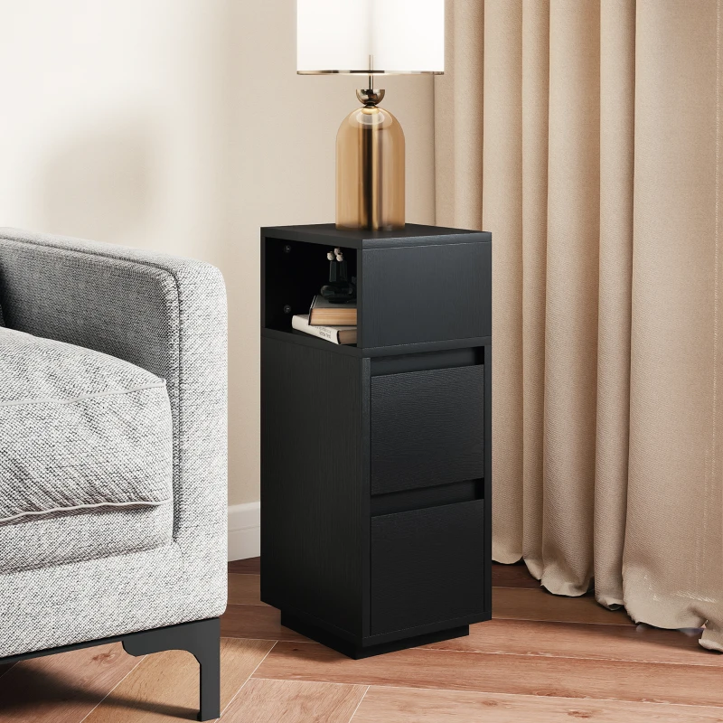 HOMCOM Slim Bedside Table, Narrow Bedside Cabinet with Open Shelf and 2 Drawers for Bedroom, Living Room, Black