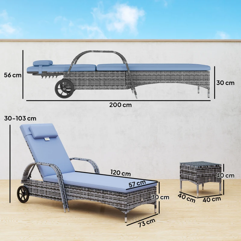 Outsunny Conjunto de 2 Tumbonas con Cojín y Respaldo Ajustable 5 Posiciones y 1 Mesita de Ratán Sintético Color Gris