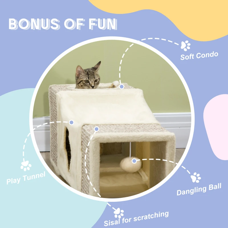 PawHut Cat Tunnel, Plush Large Play Tunnel with Two Caves and Hanging Ball, Cream White