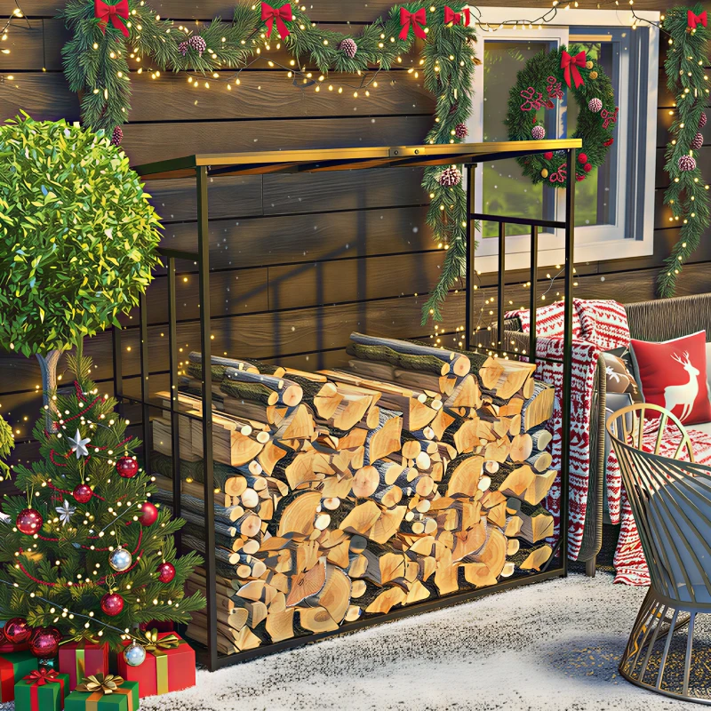 Outsunny Abri-bûches support pour bois de chauffage range-bûches en métal et polycarbonate 185 x 67 x 185 cm noir