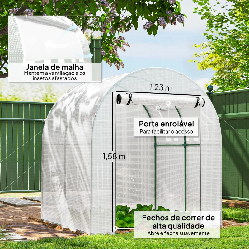 Outsunny Estufa de Jardim 180x180x200 cm Estufa Tipo Túnel Pequena com Porta Enrolável e Janela de Malha para Cultivar Plantas Flores Branco