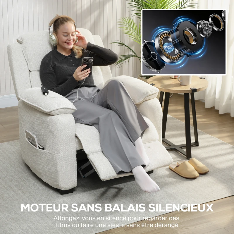 HOMCOM Fauteuil relax électrique fauteuil inclinable port USB repose-pieds poches latérales télécommande 86x90x103cm crème