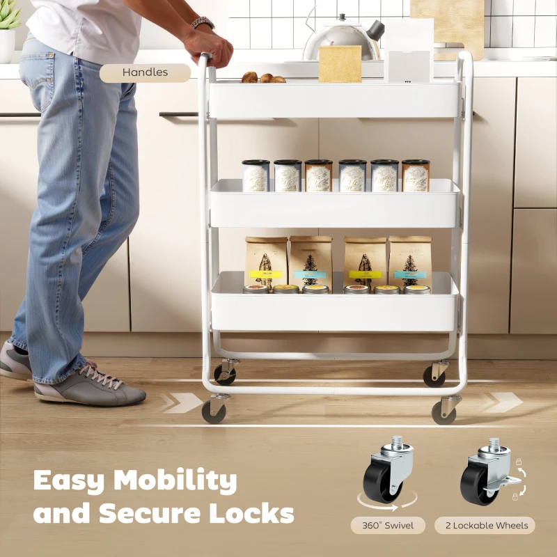 HOMCOM 3-Tier Storage Trolley on Wheels, Rolling Utility Cart with Mesh Backets for Kitchen, Bathroom, Bedroom, White