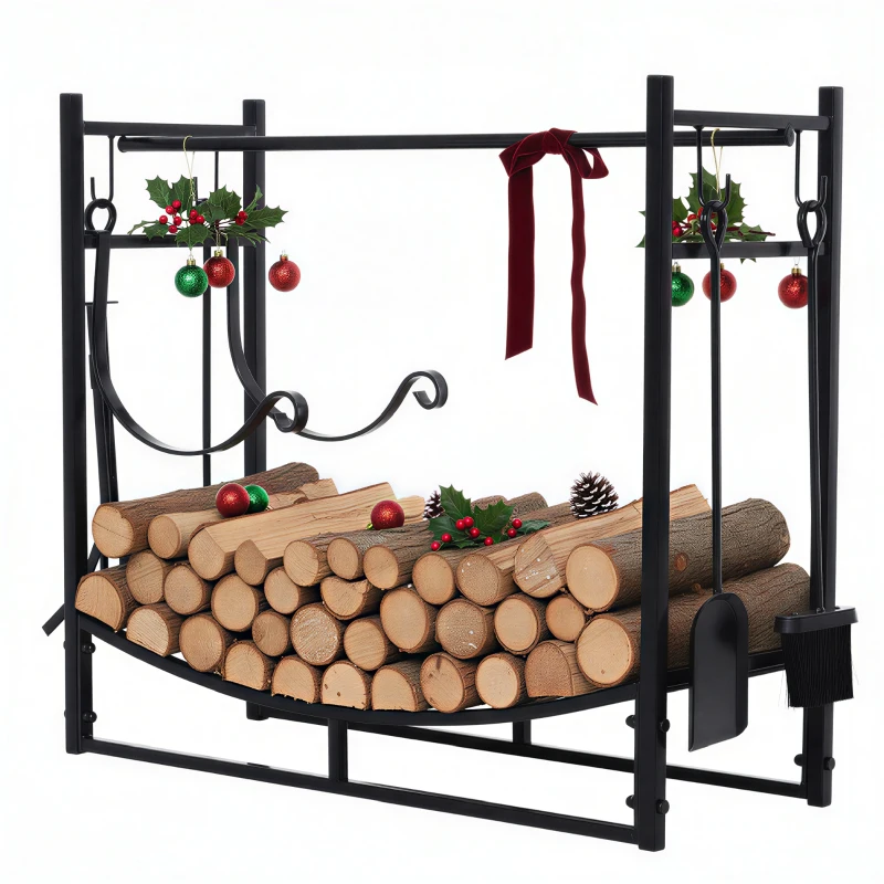 Outsunny Porte bûches - Range bûches Serviteur de cheminée - Multi Accessoires étagère bûche et Petit Bois métal Noir