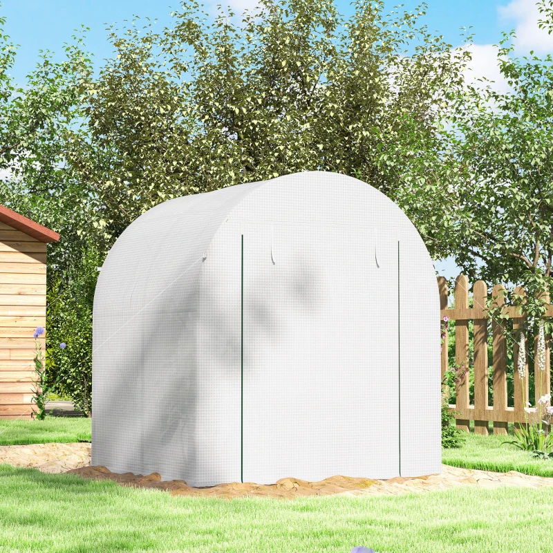 Outsunny Walk in Polytunnel Greenhouse, Green House for Garden with Roll-up Window and Door, 1.8 x 1.8 x 2 m, White