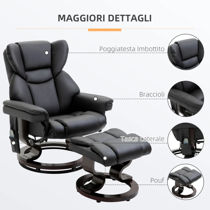 HOMCOM Poltrona Relax con Pouf Poggiapiedi e Funzione Massaggio, Reclinabile a 145° e Girevole a 360°, Nero