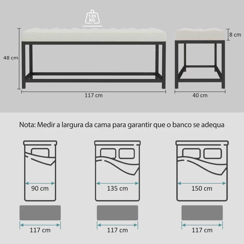 HOMCOM Banco aos Pés da Cama Estofado em Veludo Design Capitonê Base de Metal Banco para Quarto Entrada Sala 117x40x48 cm Creme