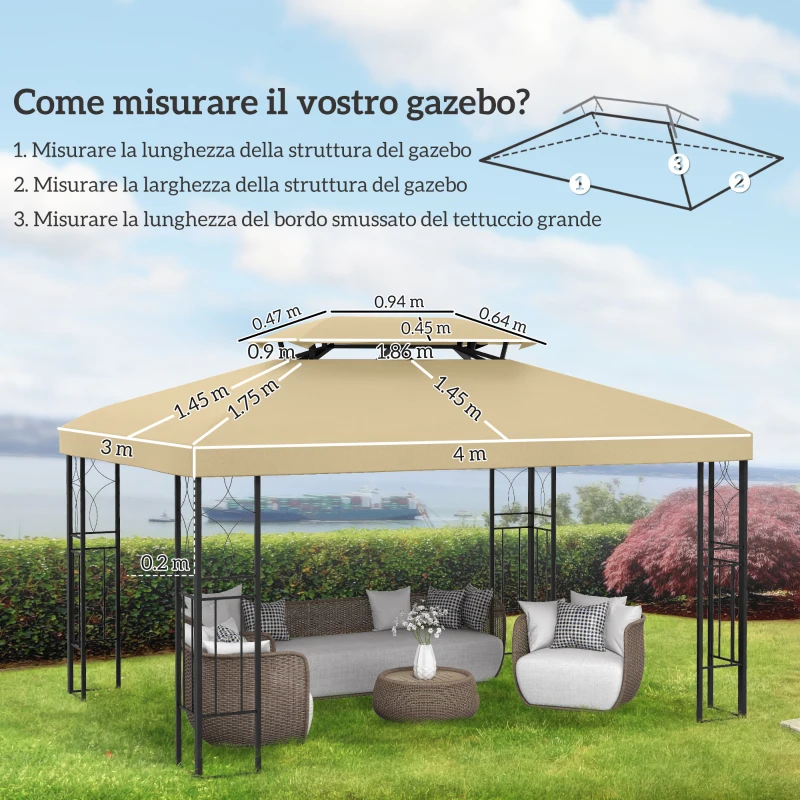 Outsunny Copertura di Ricambio per Gazebo 4x3 m in Poliestere Anti UV con Tetto a 2 Livelli, Crema