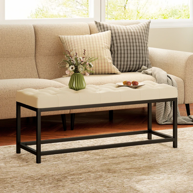 HOMCOM Banco aos Pés da Cama Estofado em Veludo Design Capitonê Base de Metal Banco para Quarto Entrada Sala 117x40x48 cm Creme