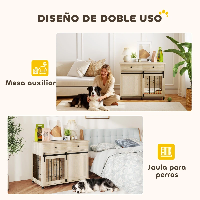 PawHut Jaula para Perros Medianos y Grandes Mesa Auxiliar Moderna con 2 Cajones 2 Puertas y Cierre 100x56x81 cm Roble