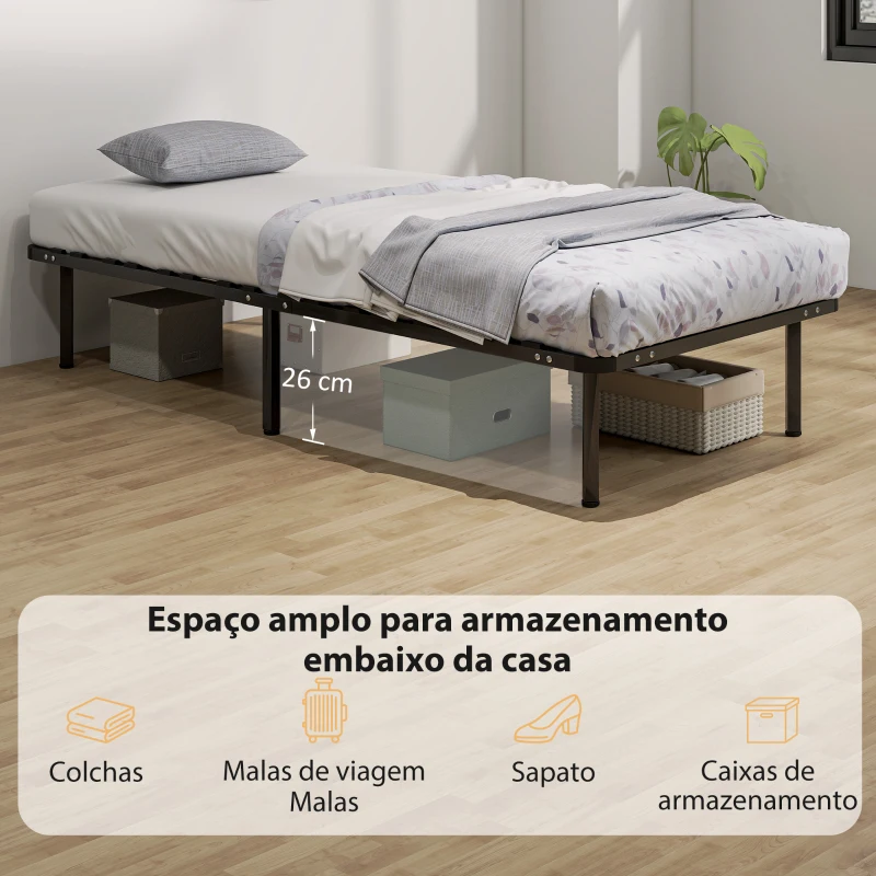 HOMCOM Estrutura de Cama 90x190 cm de Aço com Espaço de Armazenamento em Madeira de Álamo Capacidade 300 kg Preto