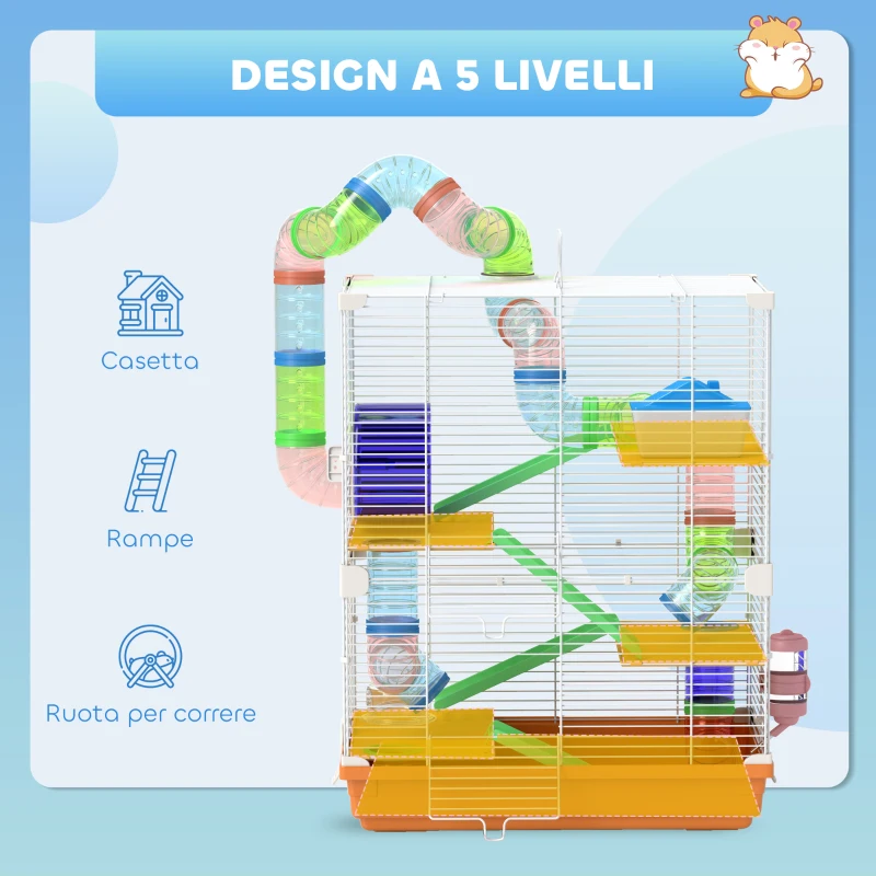 PawHut Gabbia per Criceti a 5 Livelli con Tubi, Ruota, Scale, Casetta e Bottiglia, 46x30x58 cm, Arancione