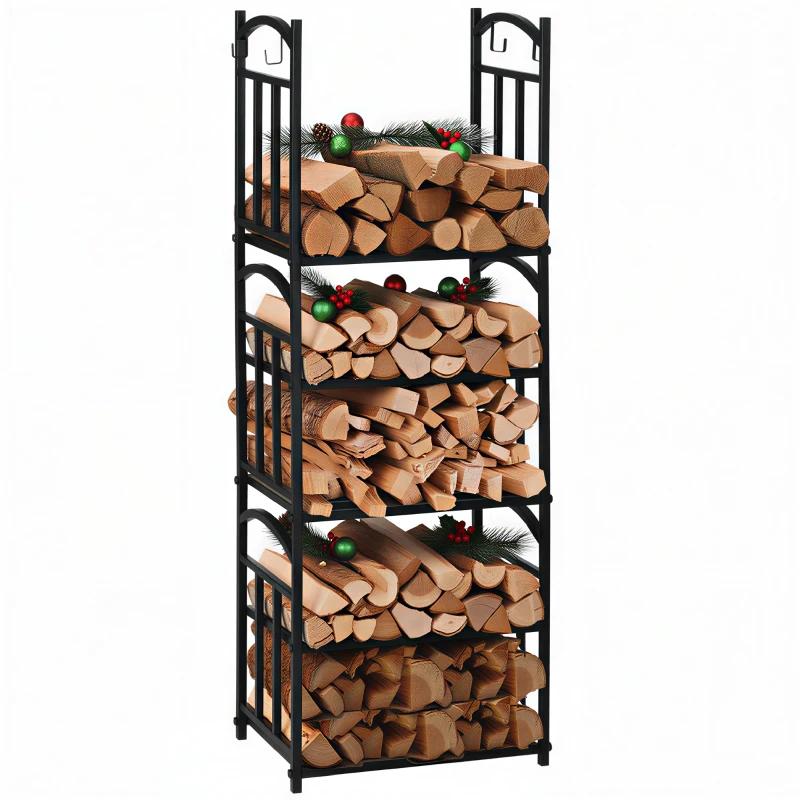 Outsunny Range bûches Porte-bûches range rack à bûches pour bois de cheminée modulable 4 crochets dim. 46 x 32 x 126 cm