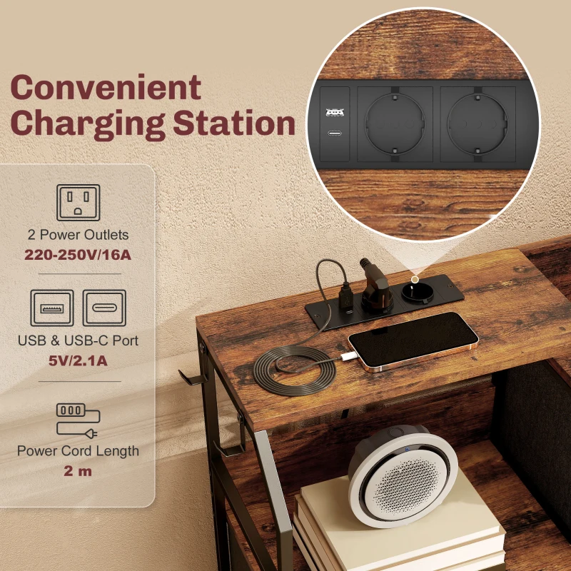 HOMCOM Kommode mit 8 Stoffschubladen, Stahlrahmen, Ladestation, Rustikal-Braun+Schwarz