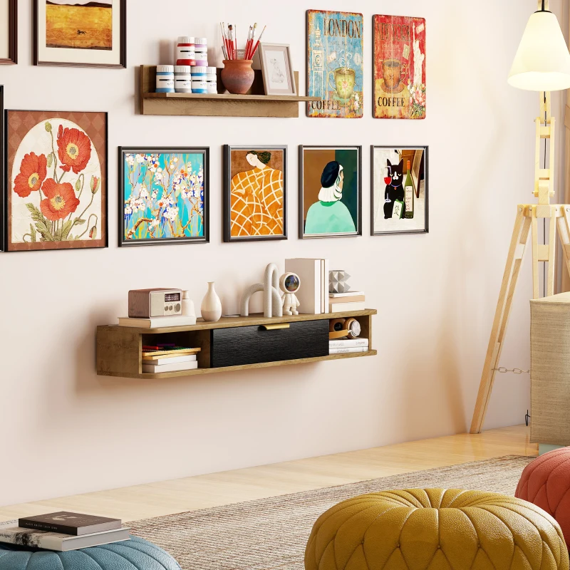 HOMCOM Conjunto de Muebles de Salón Muebles de TV con Estante de Pared Compartimentos Orificios para Cables 120x24x16 cm Roble