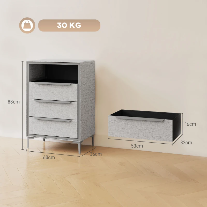 HOMCOM Cassettiera 4 Cassetti in Acciaio con Rivestimento in Tessuto Effetto Lino, 60x36x88 cm, Grigio