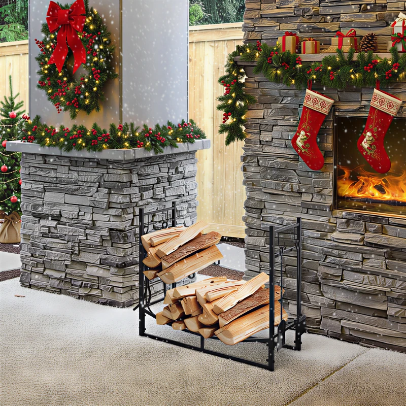 Outsunny Porte bûches - Range bûches Serviteur de cheminée - Multi Accessoires étagère bûche et Petit Bois métal Noir