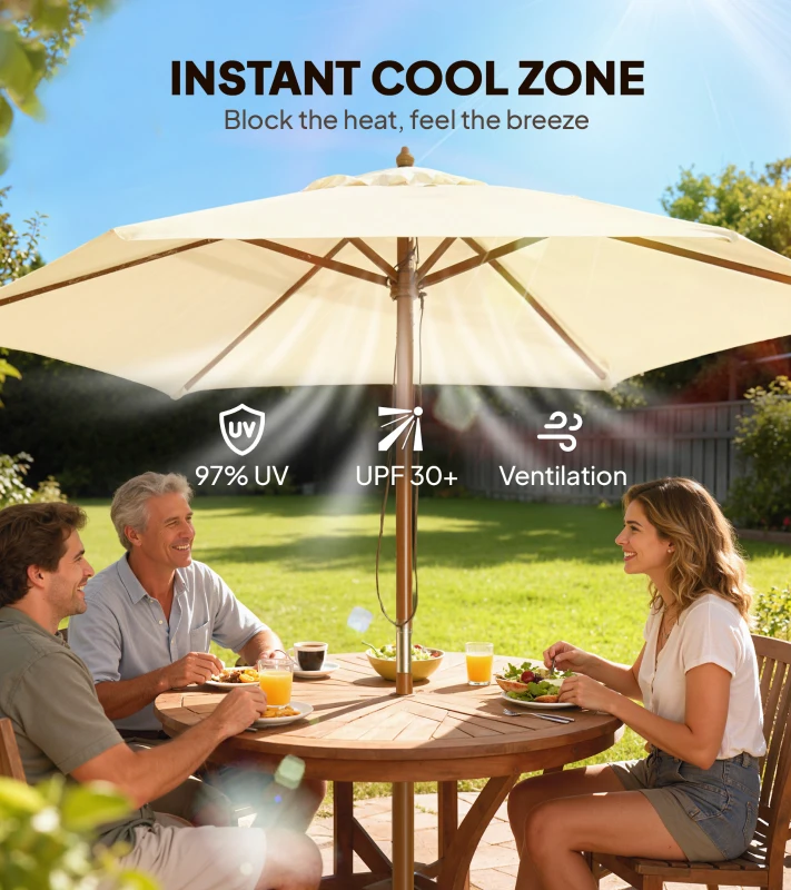 Outsunny 2.5m Wood Garden Parasol Sun Shade Patio Outdoor Wooden Umbrella Canopy, Table Market Umbrella with Vent, 38mm Pole, Rope Pulley Mechanism, Cream White