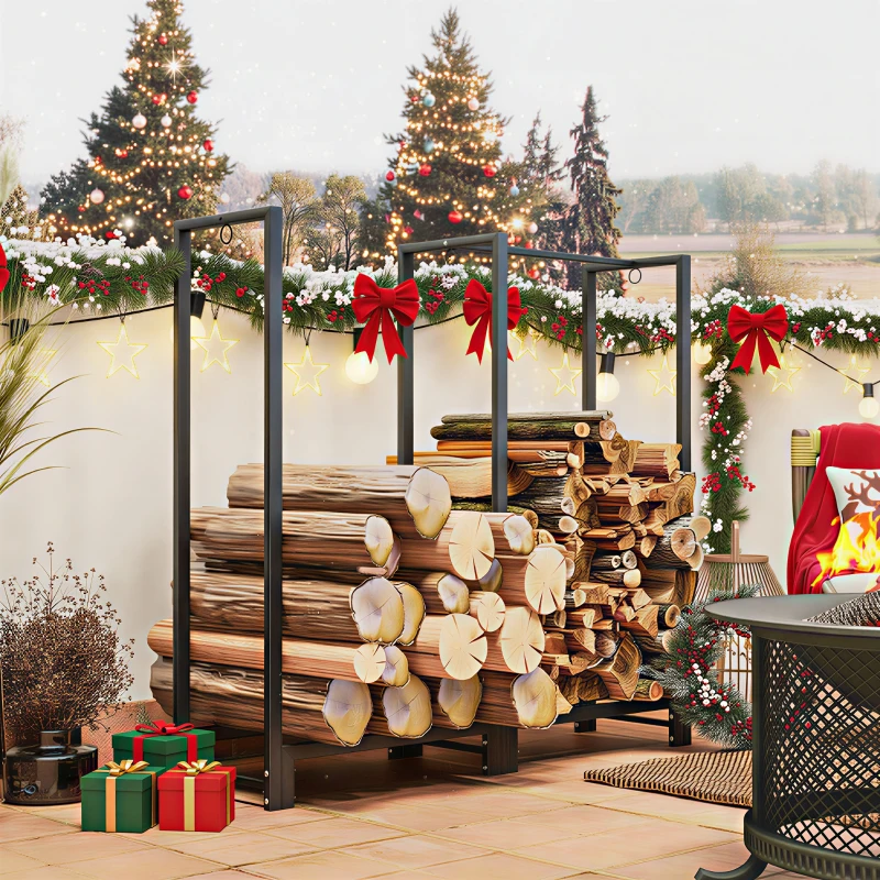 Outsunny Porte-bûches, range-bûches, avec deux compartiments, 3 crochets, base surélevée, , 123L x 32l x 115H cm, acier, noir