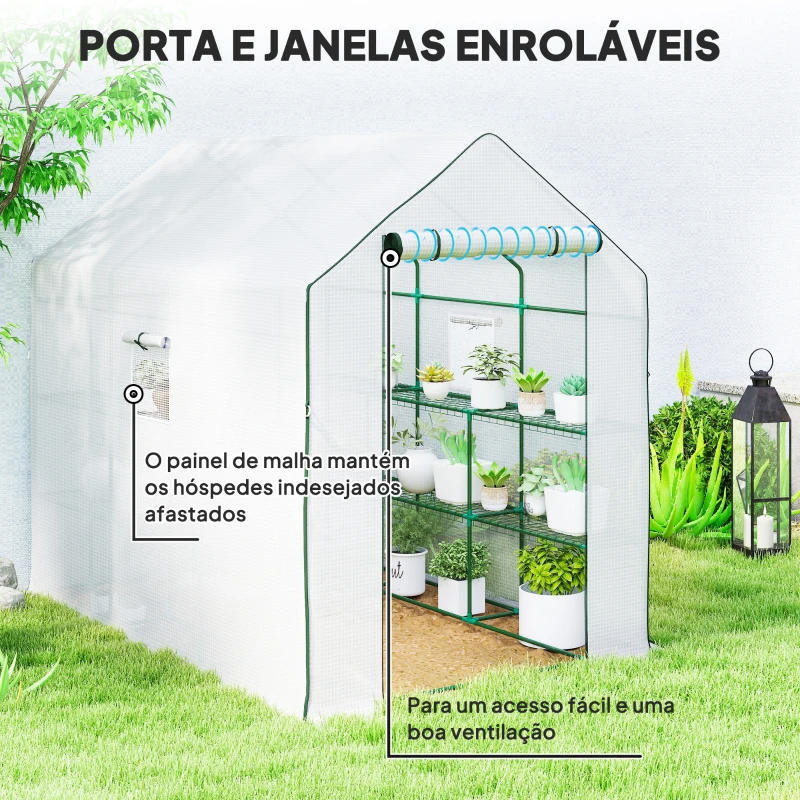 Outsunny Estufa de Jardim de 3 Níveis com 12 Prateleiras Porta Enrolável Janelas Anti-UV Cobertura de PE  140x213x190 cm Branco