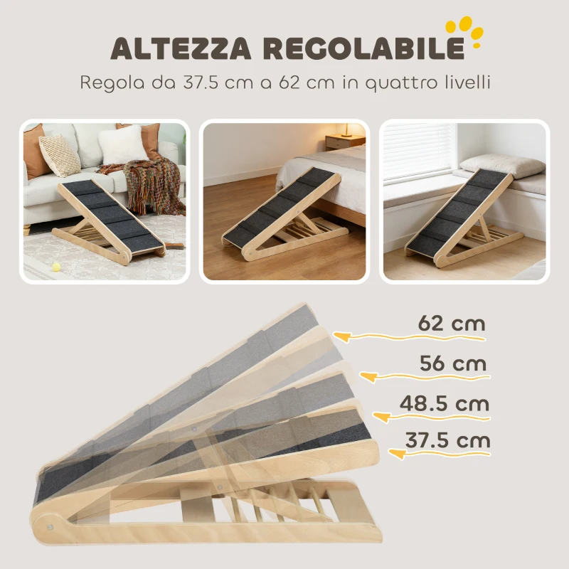 PawHut Rampa per Cani Pieghevole e Antiscivolo con Altezza Regolabile su 4 Livelli per Animali fino 15kg