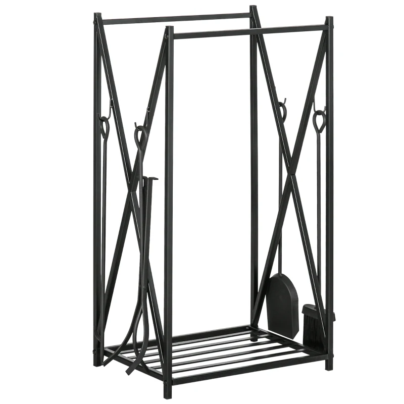HOMCOM Porte bûches - Range bûches Serviteur de cheminée - Multi Accessoires étagère 46L x 30l x 76H cm Acier Noir