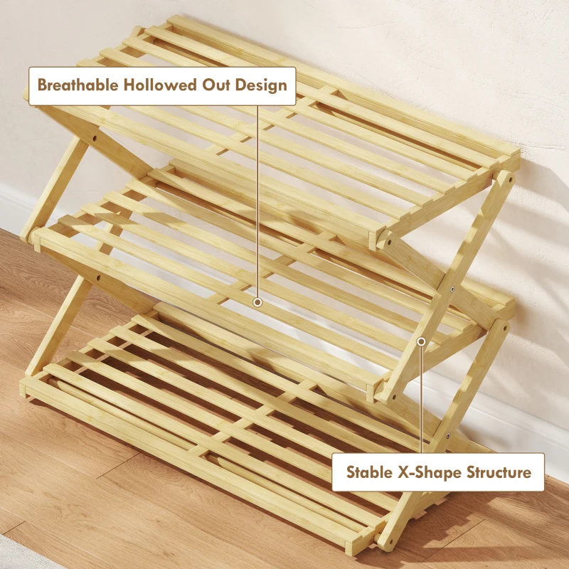 HOMCOM Three-Tier Folding Bamboo Shoe Rack - Natural Finish