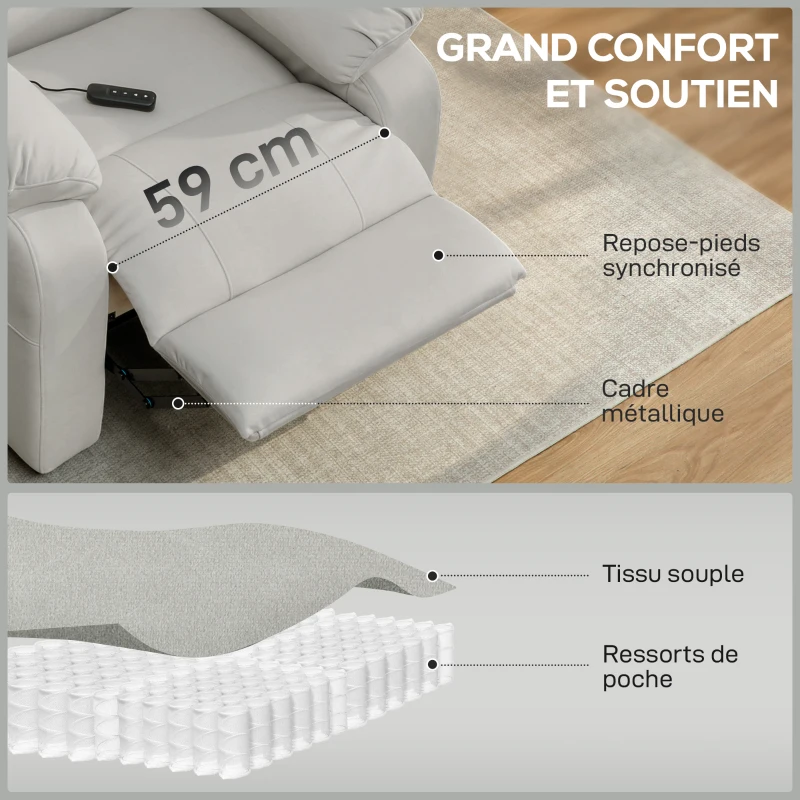HOMCOM Fauteuil relax électrique fauteuil inclinable port USB repose-pieds poches latérales télécommande 96x90x103cm crème