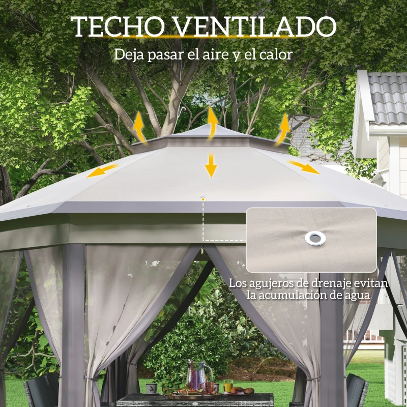 Outsunny Carpa Plegable 4x3,4 m con Doble Techo 6 Mosquiteras Extraíbles y Bolsa de Transporte Anti-UV Marrón y Beige