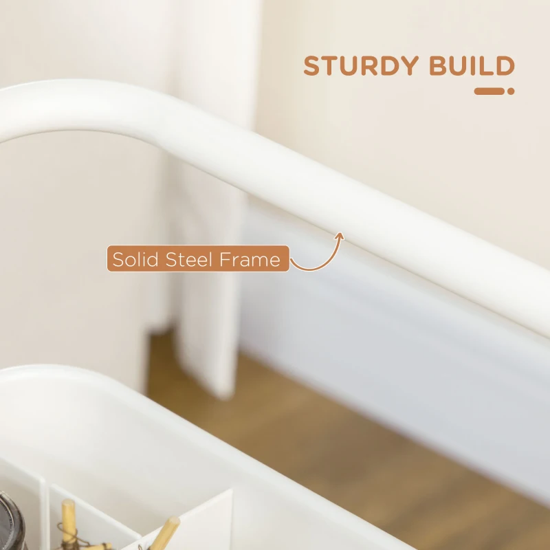 HOMCOM Carrello Cucina Multiuso a 3 Livelli con Cestini e Ganci Rimovibili, Ripiano con 12 Divisori, Bianco