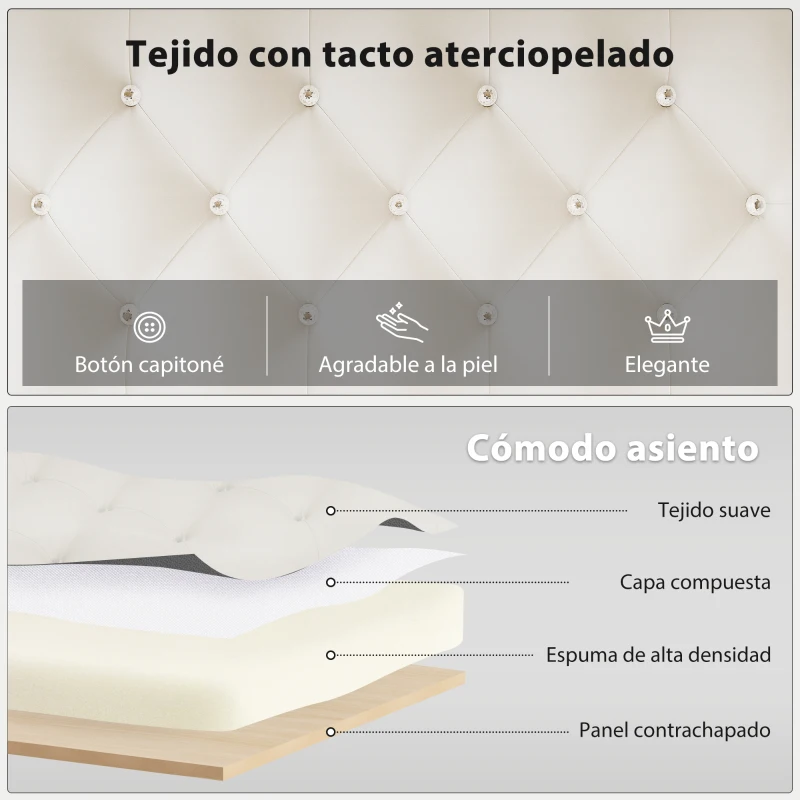 HOMCOM Banco Pie de Cama Tapizado en Terciopelo Diseño Capitoné Base de Metal para Dormitorio Entrada Salón Crema