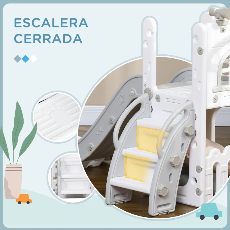 AIYAPLAY Tobogán Infantil 5 en 1 con Canasta de Baloncesto Telescopio Escalador y Cesta Inferior para Interior Blanco y Gris