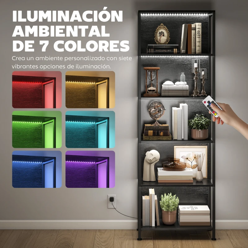 HOMCOM Librería de 5 Niveles con Luces LED de 7 Colores Estantería para Libros 60x30x179 cm Estantería Industrial Negro