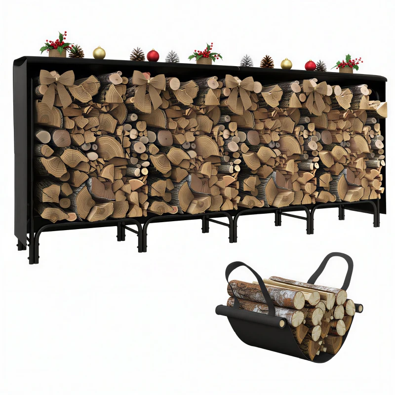 Outsunny Abri bûches, range-bûches, avec sac de transport en toile, housse en Oxford 600D,   240l x 36P x 99H cm, métal, noir