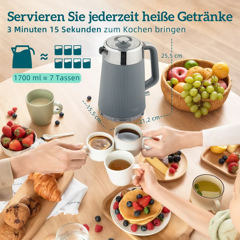 HOMCOM 2200W Chaleira 1,7L com Função de Fervura Rápida Filtro de Calcário e Torradeira de 4 Fatias com 7 Níveis de Tostagem Cinza