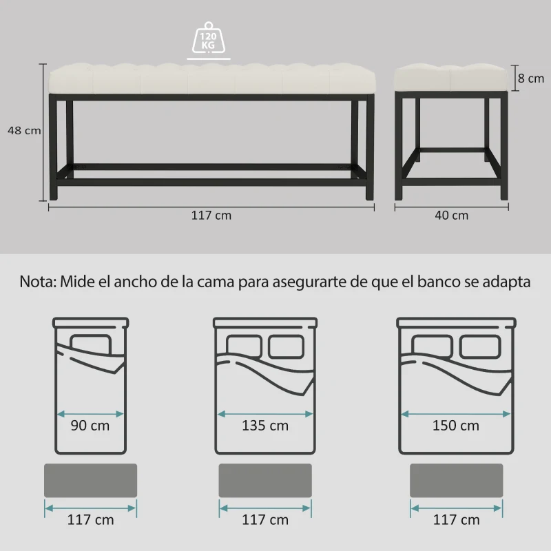 HOMCOM Banco Pie de Cama Tapizado en Terciopelo Diseño Capitoné Base de Metal para Dormitorio Entrada Salón Crema