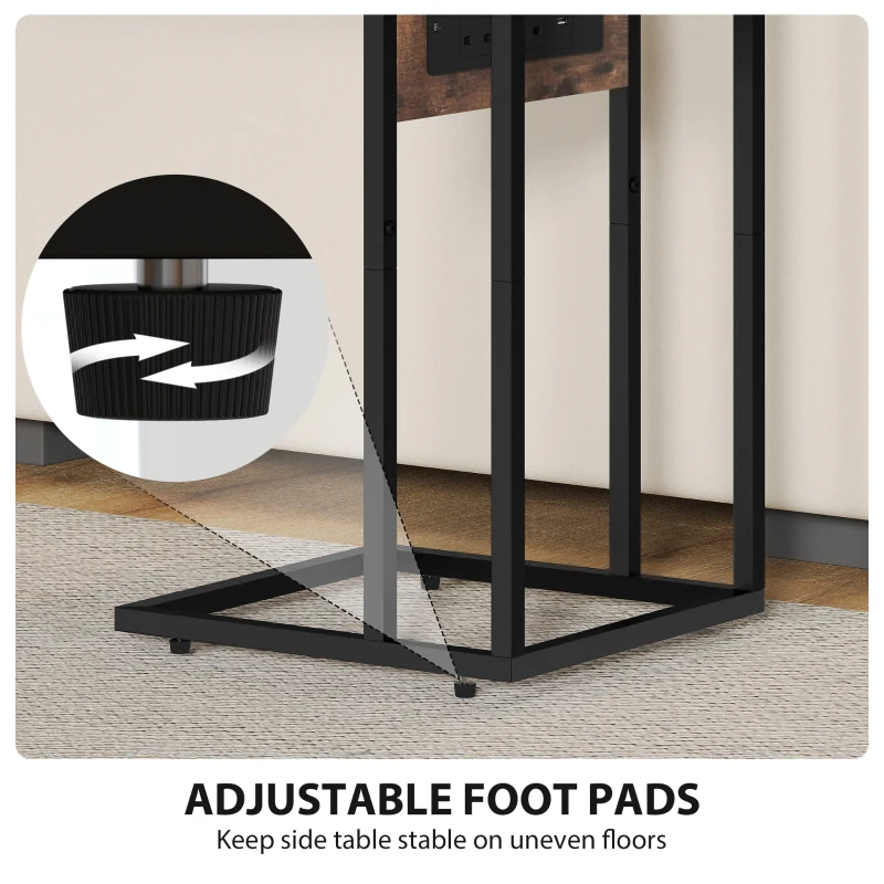 HOMCOM C Shaped Side Table with Charging Station and Foldable Top - Rustic Brown