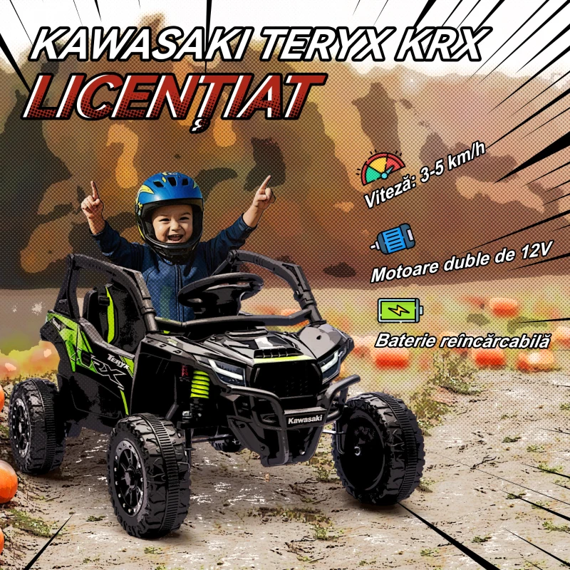 AIYAPLAY ATV Electric pentru Copii 3-5 Ani 12V cu Licență KAWASAKI, Dublu Motor, Telecomandă și Muzică, Negru