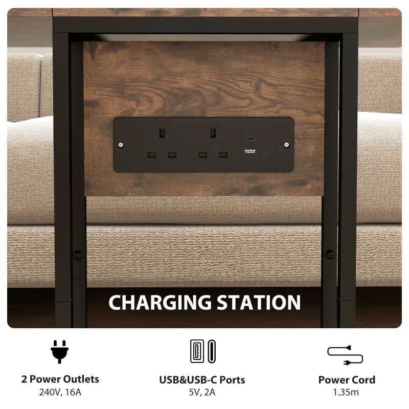 HOMCOM C Shaped Side Table with Charging Station and Foldable Top - Rustic Brown