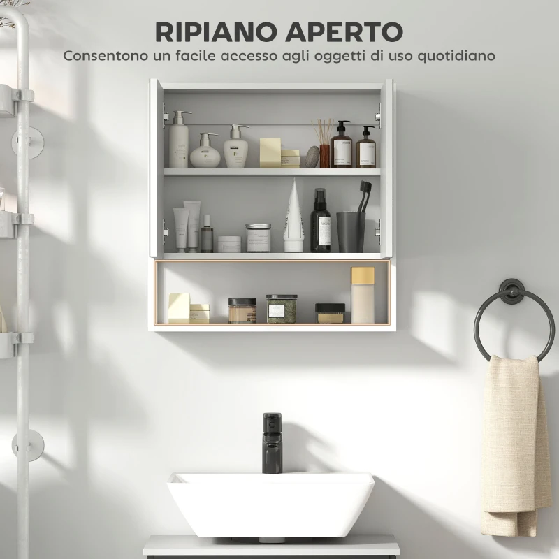HOMCOM Mobile Bagno a Parete con Specchio, Armadietto con Mensola Regolabile e Ripiano Aperto, 60x16x60 cm, Bianco