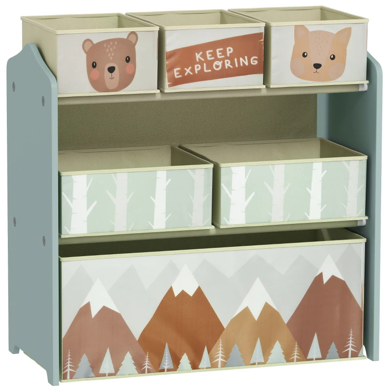 ZONEKIZ Scaffale Portagiochi per Bambini con 6 Contenitori Rimovibili in Tessuto, 63x30x66cm, Verde