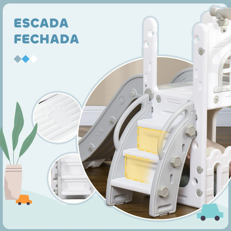 AIYAPLAY Escorrega Infantil 5 em 1 para Crianças com Cesto de Basquetebol Telescópio Escalador e Cesta Inferior 70x177x92 cm Branco e Cinza