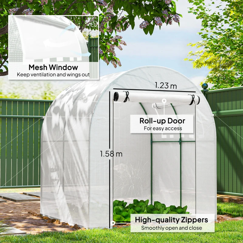 Outsunny Walk in Polytunnel Greenhouse, Green House for Garden with Roll-up Window and Door, 1.8 x 1.8 x 2 m, White